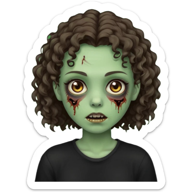 Zombie girl emoji verde um pouco escuro com cabelo curto cacheado castanho no ombro com uma blusa preta sticker
