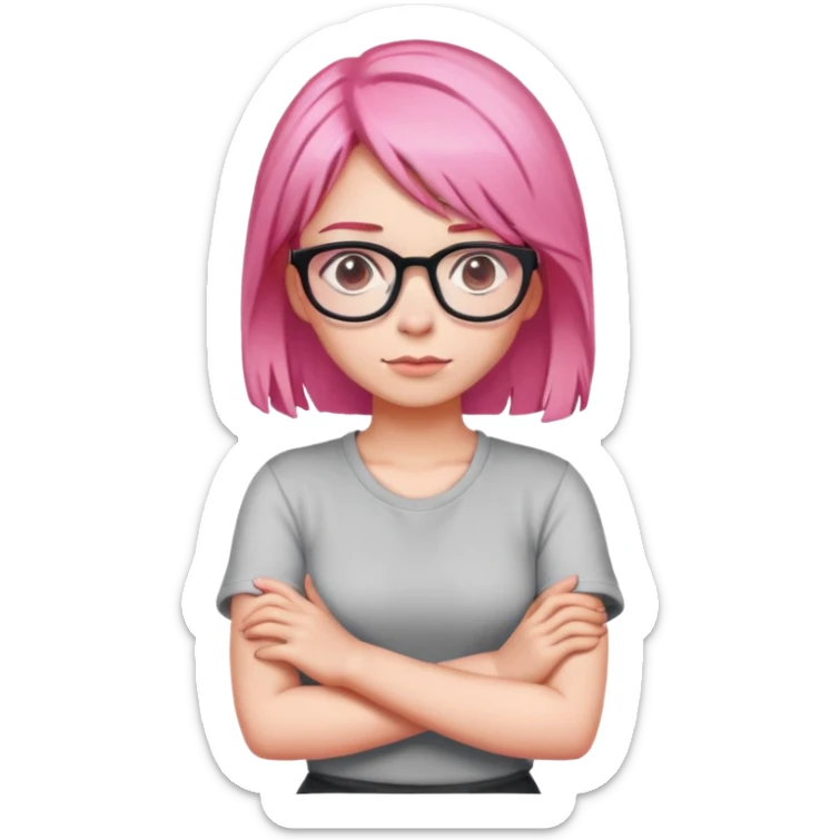 Girl with pink hair and glasses crossing her arms looking confident sticker
