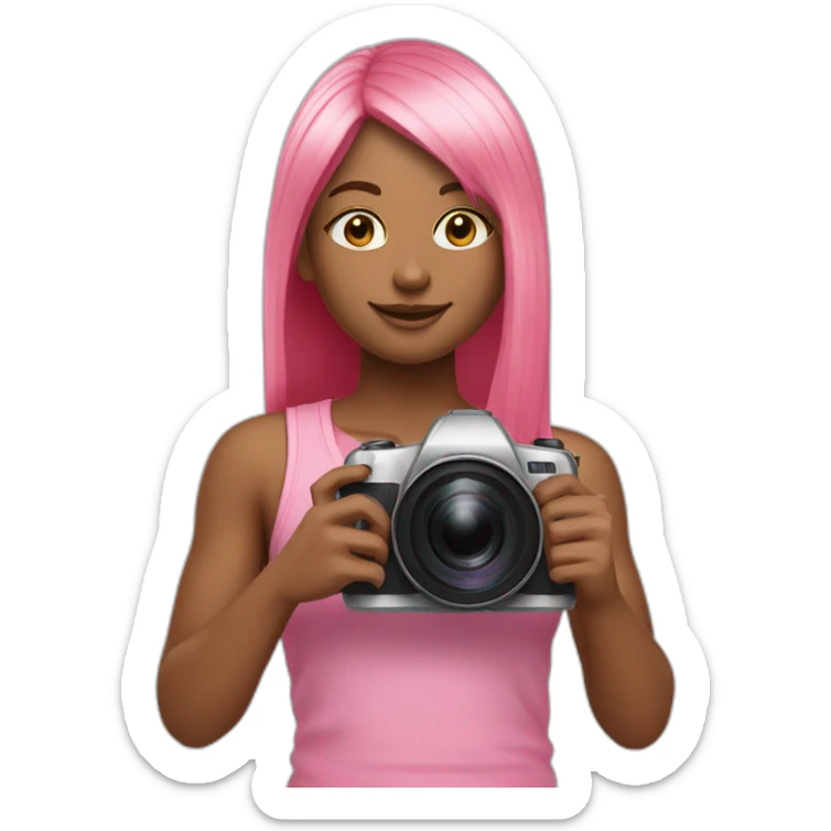 girl with long, straight rose hair and fringe and holding camera and wearing pink tank top sticker