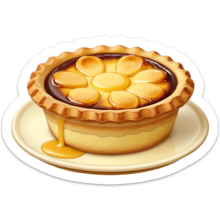 Create an emoji-style illustration of a Portuguese Pastel de Nata. It should be a small, individual custard tart with a flaky, layered puff-pastry crust and a glossy yellow custard center with dark caramelized spots on top. Do NOT make a full pie or slice only a single small tart sticker