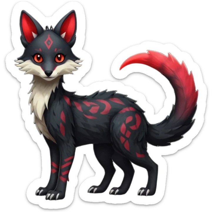 Feral Rare Fantasy   dark obsidian-black fur with crimson glowing runic markings Vernid-Sergal-Genet-Trico-species by LiLaiRa, random markings, tufted tail, tufted ears, full body sticker