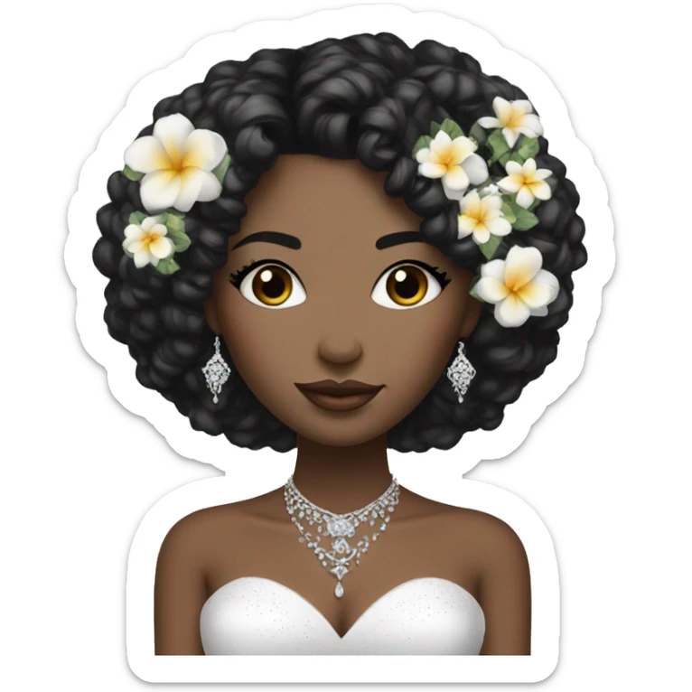 African bride. Glitter makeup. Short black curly hair. Silver jewelry. Holding flowers. Eyes closed. sticker