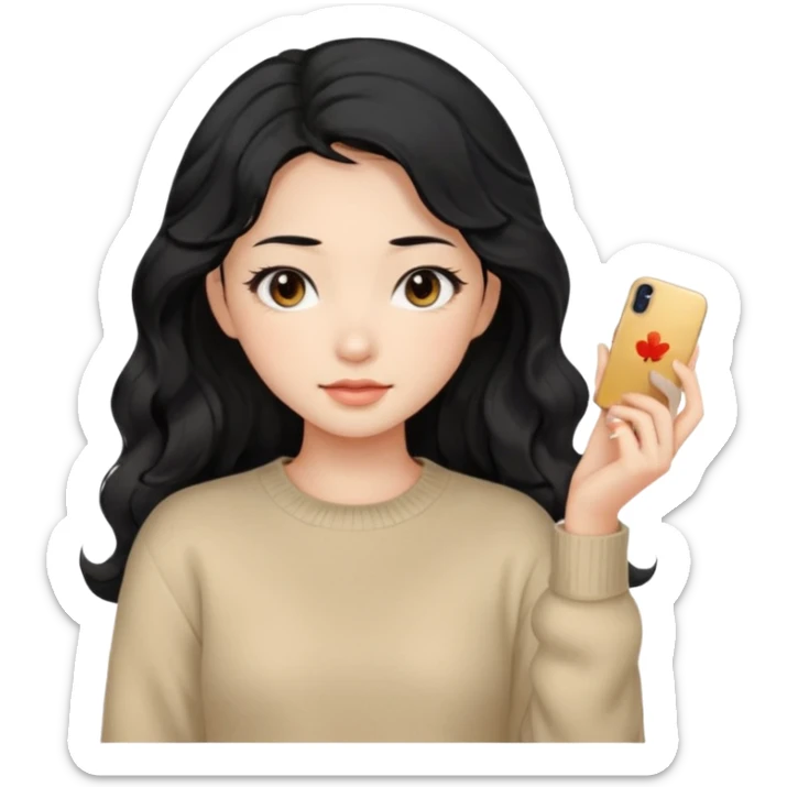 Beautiful girl,Black hair, wavy long hair,Black eyes,Chinese, beige sweater  sticker