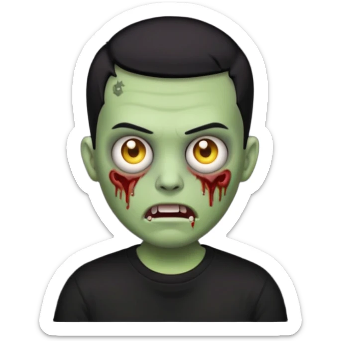 zombie emoji with buzz cut black hair and black t-shirt  sticker