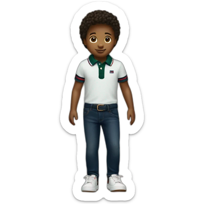 A child with a dark green tommy hilfiger polo with a dark blue jean sticker