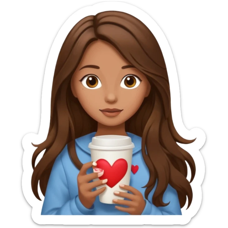 Un emoji de una chica con el pelo castaño y largo y suelto así como vestida como una that Girl y un café con dibujo de corazón y una cama aesthetic modo vida perfecta sticker