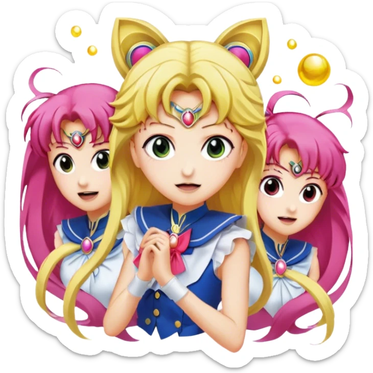 Icon for Anime: vibrant, dynamic scene with heros from Bishoujo Senshi Sailor Moon in action, featuring exaggerated expressions and colorful backgrounds. The design should reflect the distinct, energetic style of anime, with iconic eyes and unique visual elements. Transparent background. sticker
