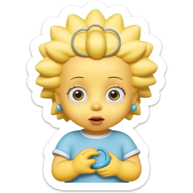 A 3D cartoon baby character fully yellow skin, styled like Maggie Simpson, with pacifier, big eyes, smooth shading, Memoji-style rendering, consistent with other yellow Simpsons characters. sticker