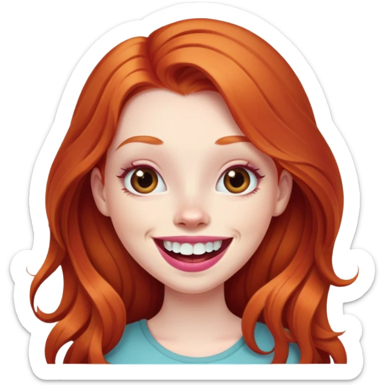 Young girl with pale skin, longer face, full pink lips smiling with big teeth, very long ginger red hair (no blonde at all), big brown eyes, bigger nose, big mouth sticker