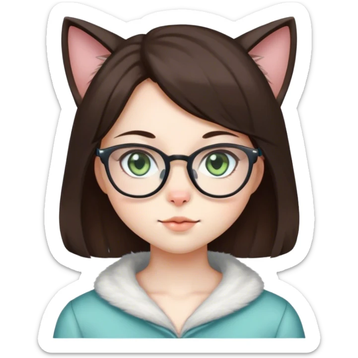 Anime, cat-lady, dark brown hair, square glasses, hazel-green-blue eyes, pale ski, sticker
