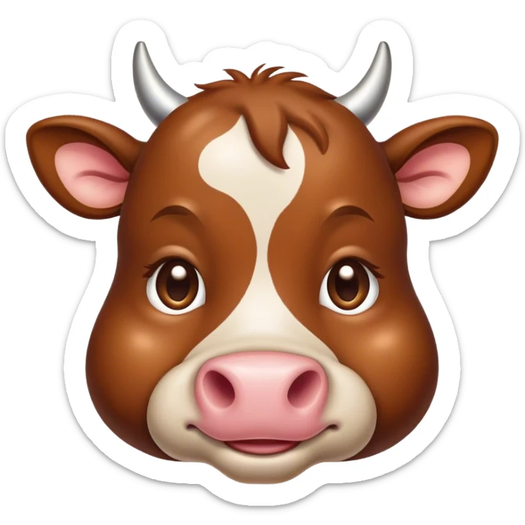 Cinematic Cute Brown Cow Portrait Emoji, Head tilted playfully and inquisitively, featuring a glossy, rich brown hide with a natural sheen, round, sparkling brown eyes filled with gentle curiosity, Simplified yet irresistibly adorable features, highly detailed, glowing with a warm, friendly glow, high shine, affectionate and serene, stylized with a touch of country charm, bright and endearing, soft glowing outline, capturing the essence of a mischievous yet loving cow, so playful it feels like it could moo out of the screen and into your arms! sticker