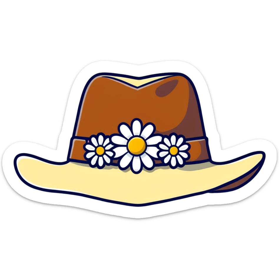 Black leather cowgirl hat with daisy flowers around the crown sticker