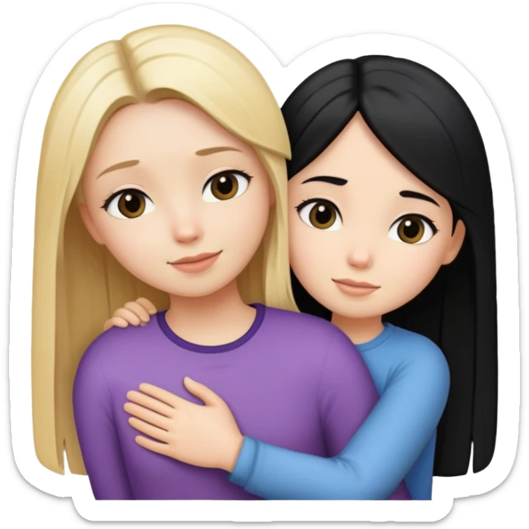 a blonde girl with straight hair hugging a black-haired girl with straight hair sticker
