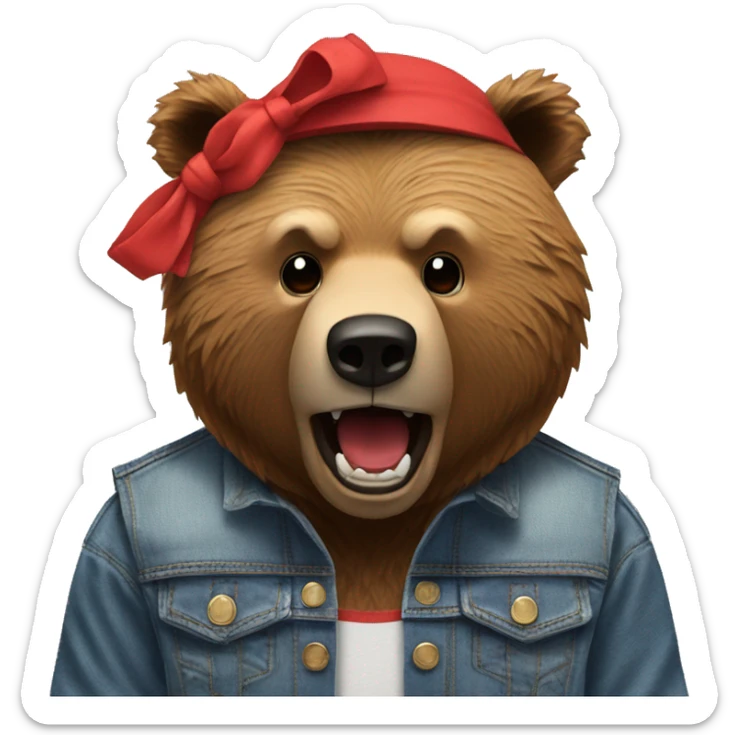 grizzly bear wearing sleeveless jean jacket and red headband with open mouth sticker