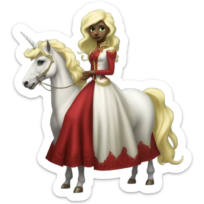 "galora green blonde alien woman" in red Victorian elegant dress, full body, rides unicorn gold and white
(NO WOKE)
 sticker