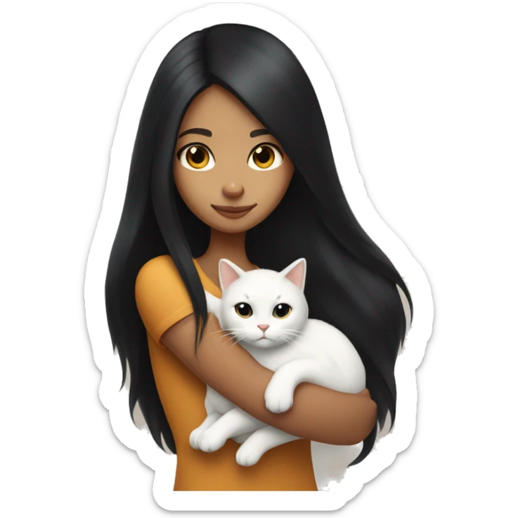 girl with very long black hair and caramel skin hugging a white cat sticker