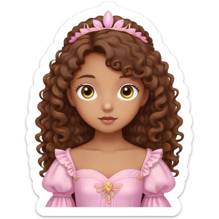 Adorable, kawaii, soft, and coquette demoiselle with brown curly long hair, brown iris eyes, Yellowish brown skin, and soft pink gown sticker