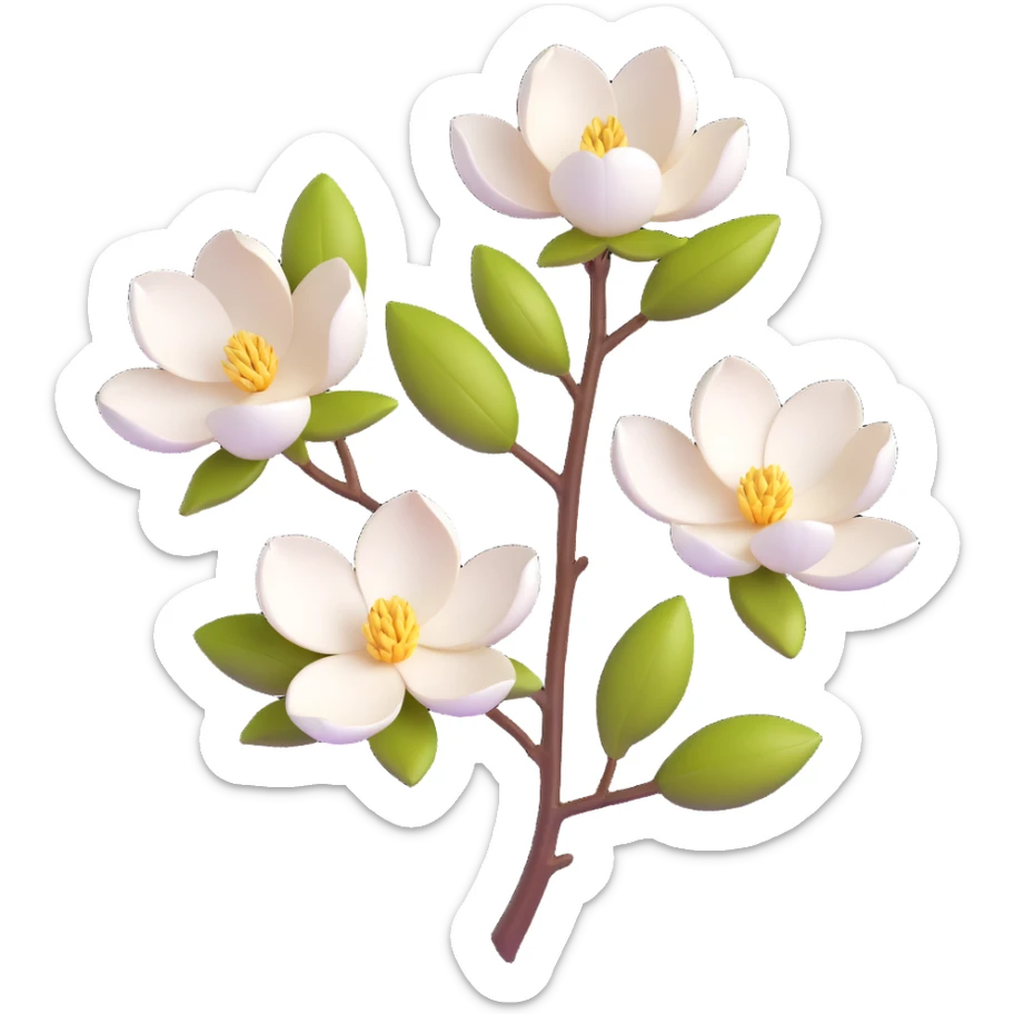 3D icon of a magnolia branch with two flowers, gentle pastel colors, smooth and rounded style sticker