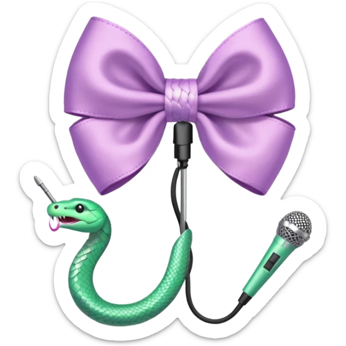 A pastel pink bow with a pastel green snake on the top of one side and a pastel purple microphone on the bottom of the other side sticker