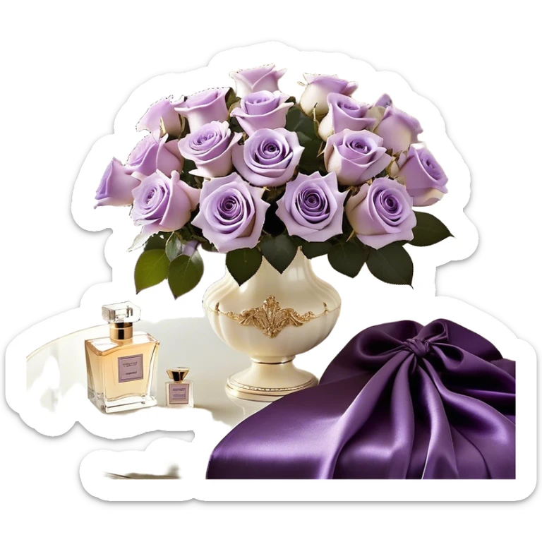 A luxurious bouquet of delicate light violet Ascott tea roses, carefully arranged in an elegant ivory porcelain vase, placed next to a deep purple satin fabric that drapes gracefully. A stunning lavender butterfly with intricate wing patterns rests gently on one of the roses. An exquisite ivory silk ribbon cascades across the scene, intertwining with a vintage-style perfume flacon in a pearlescent hue, adorned with an ornate golden atomizer, evoking timeless elegance sticker