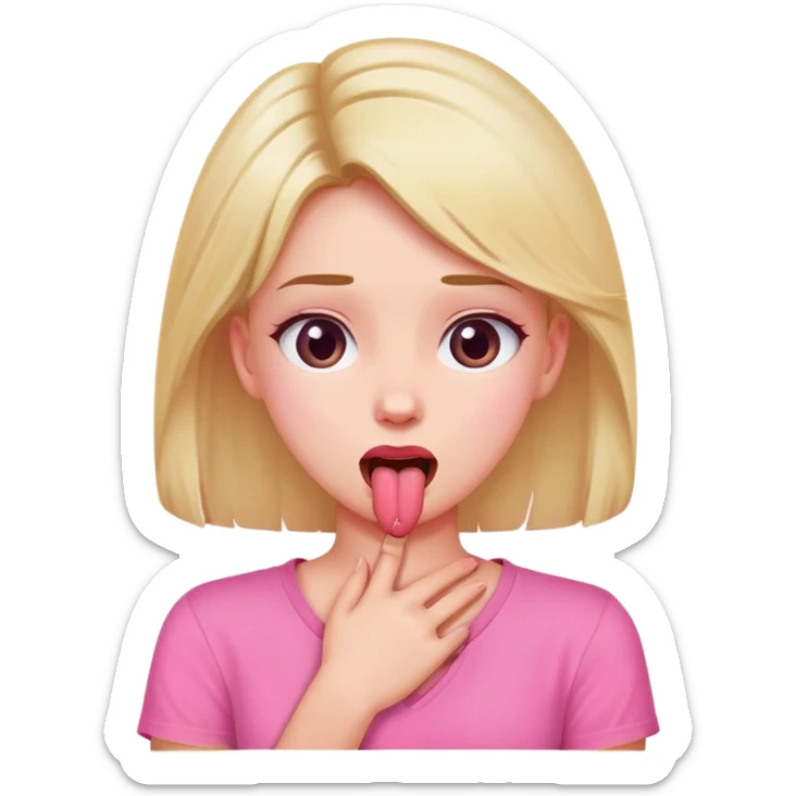 A girl with hands crossed on her neck and tongue out with pink shirt sticker