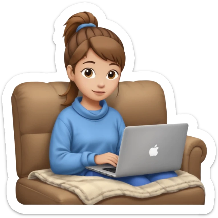 Cozy girl with ponytail on a cozy sofa with laptop on knees and a warm blanket, relaxed online shopping from home sticker