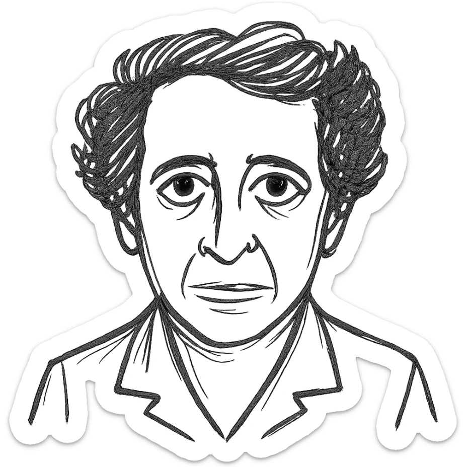 a hand drawn black outline portrait of Hannah Arendt with similar size eyes based a famous photograph of her sticker