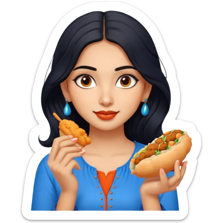 a pretty indian bratz girl with wavy long black hair. eyeliner on, wearing a blue kurti, eating vadapav sticker