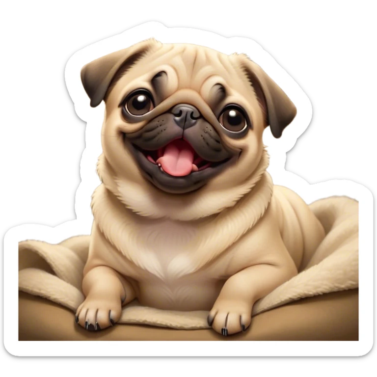 Cinematic Cute Yawning Fawn Pug Portrait Emoji, Head tilted slightly with a dramatic, wide-open yawn, showcasing a soft fawn coat with a velvety texture, floppy ears slightly drooping, round dark eyes barely open in drowsy contentment, Simplified yet irresistibly adorable features, highly detailed, glowing with a soft, cozy glow, high shine, relaxed yet expressive, stylized with a touch of whimsy, bright and endearing, soft glowing outline, capturing the essence of a sleepy yet affectionate companion, so drowsy it feels like it could stretch out of the screen and curl up for a nap! sticker