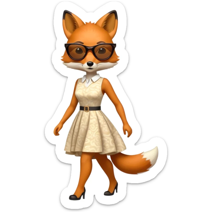 serious anthropomorphised female fox in stylish dress with sunglasses, walking with confidence, full-body view sticker