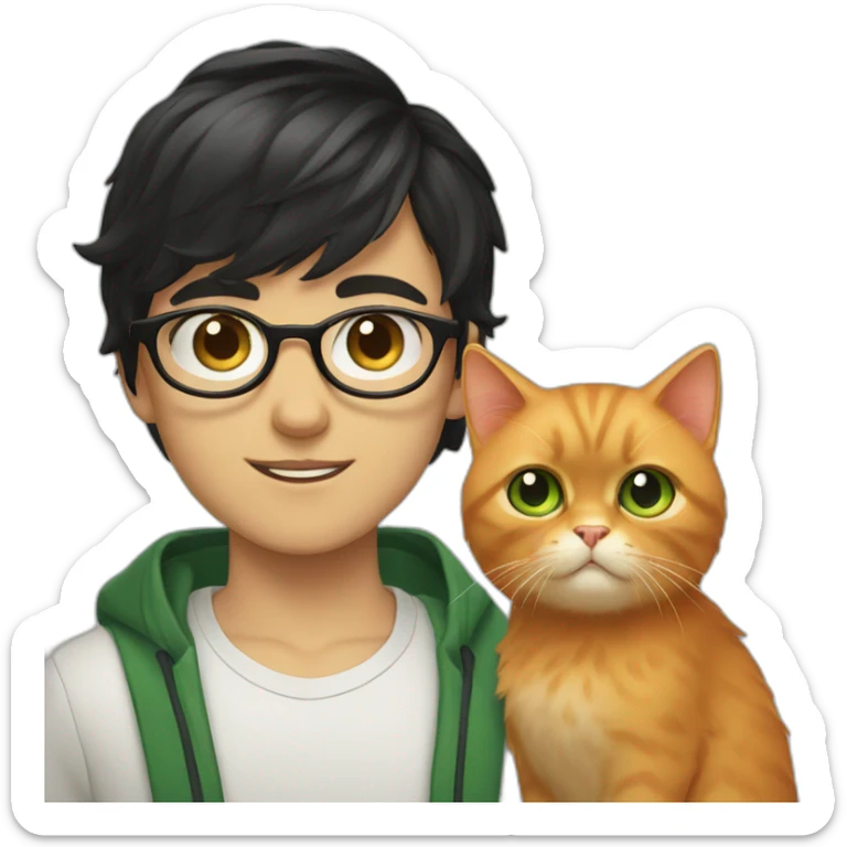 Boy with green eyes, glasses, with black short hair, with orange Persian cat sticker