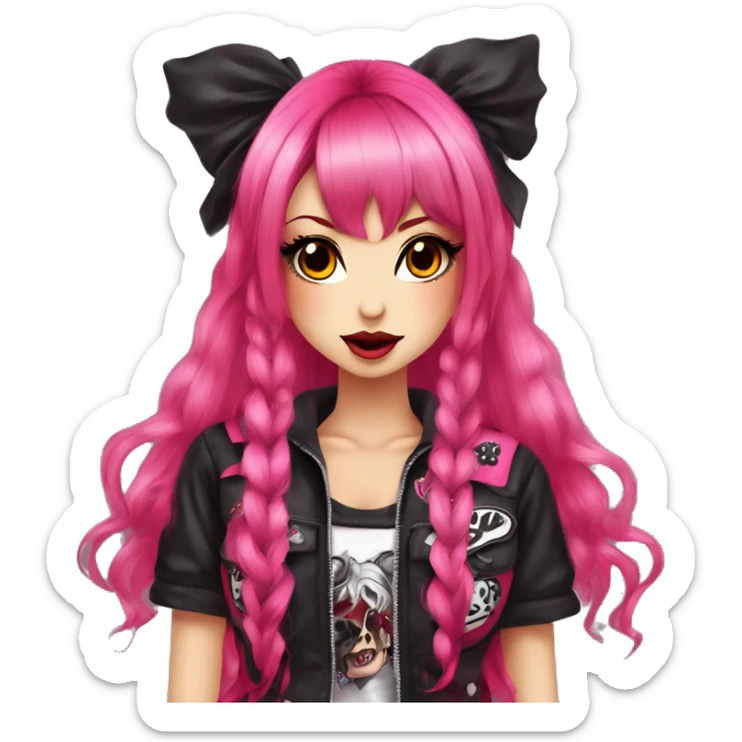hime gyaru girl, hot pink and red split-dyed hair, dark makeup, punk clothes sticker