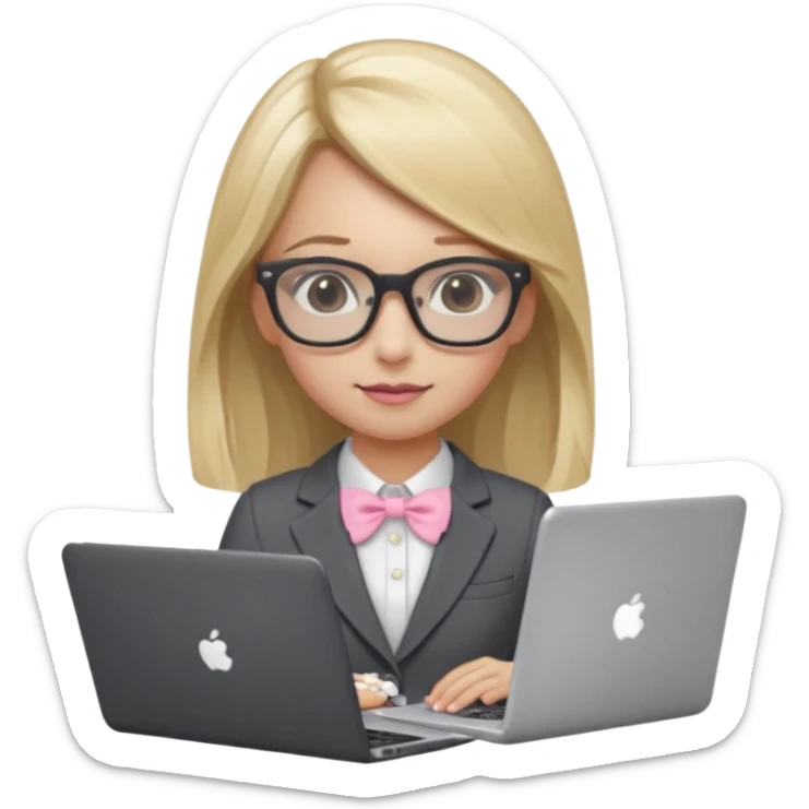 Please take the girl with laptop emoji and make her glassess light brown and her nose a bit smaller and pointier and she has blonde long hair and a dark grey suit and pearls, and has a laptop in fron of her and a tiny pink bow on the left side of her head sticker