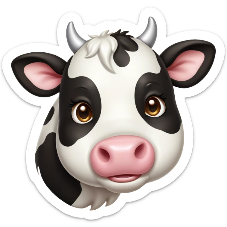 Cinematic Cute Black and White Cow Portrait Emoji, Head tilted playfully and inquisitively, featuring a glossy, contrasting coat of black and white, round, sparkling brown eyes filled with gentle curiosity, Simplified yet irresistibly adorable features, highly detailed, glowing with a warm, friendly glow, high shine, affectionate and serene, stylized with a touch of contemporary charm, bright and endearing, soft glowing outline, capturing the essence of a mischievous yet loving cow, so playful it feels like it could moo out of the screen and into your arms! sticker