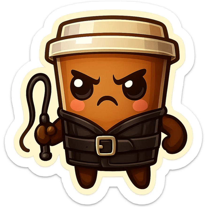Tall coffee cup, dressed in leather holding a whipping crop, eyebrow furrowed sticker