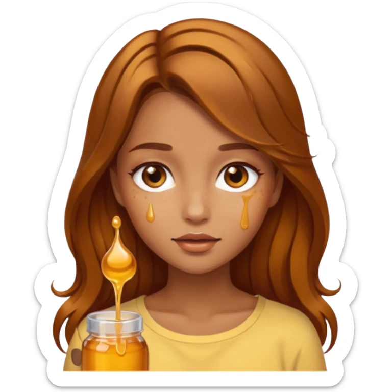 Beautiful girl, with brown honey hair made of real honey hair dripping honey sticker
