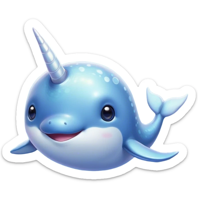 Cinematic Cute Cute Narwhal Portrait Emoji, Head tilted playfully and inquisitively, featuring a charming, sleek body with softly iridescent skin, a prominently spiraled tusk and large, twinkling eyes full of gentle wonder, Simplified yet irresistibly adorable features, highly detailed, glowing with a warm, inviting ocean glow, high shine, affectionate and lively, stylized with a touch of magical sea whimsy, soft glowing outline, capturing the essence of a mischievous yet endearing cute narwhal that seems as if it could frolic out of the screen into your heart! sticker