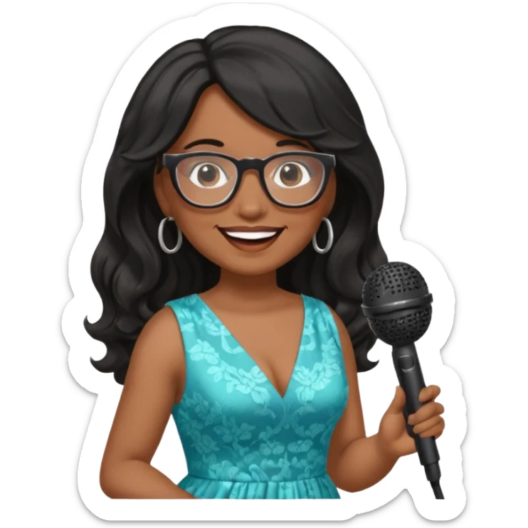 singer, Middle age, long wavy black hair, brown skin, wearing dress, holding mic, glasses sticker