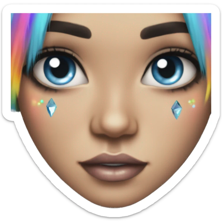 Pretty Girl with tattoos, long eyelashes, winged eyeliner, crystal blue eyes, long black hair with rainbow fringe sticker