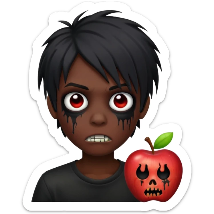 human boy zombie, black long emo hair, scary, black eyes, dark skin, Apple emoji style sticker