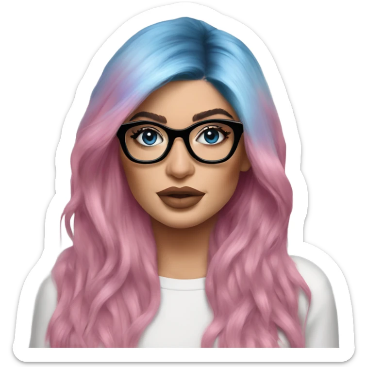 Photo Realistic kylie jenner stylish pink hair BLUE eyes and glasses posing  sticker