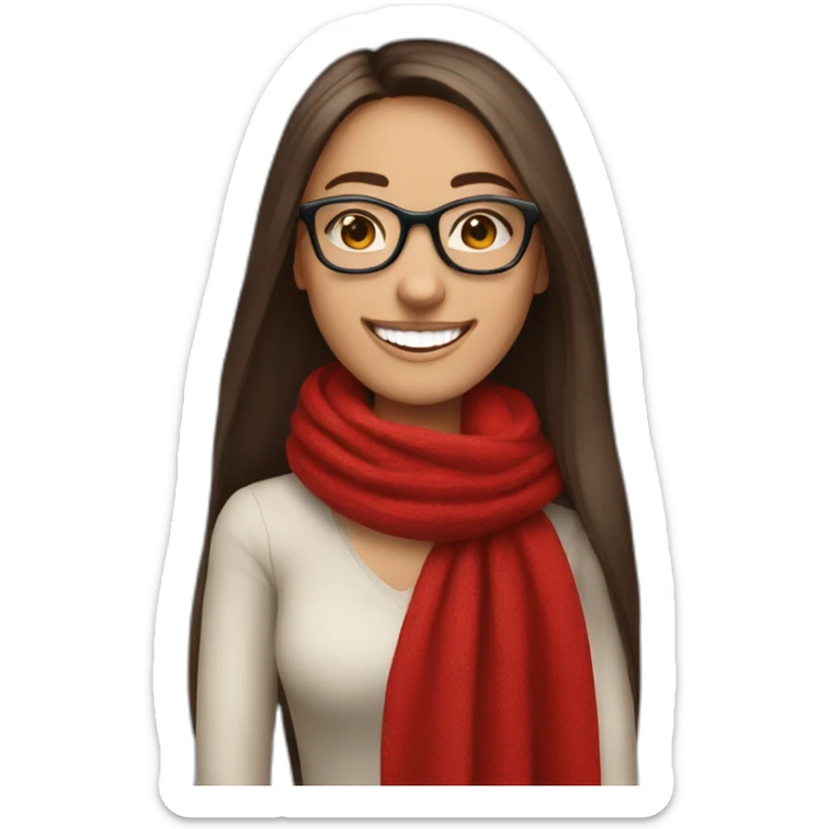 brunette young lady with long straight hair wearing a red scarf and glasses, laughing sticker