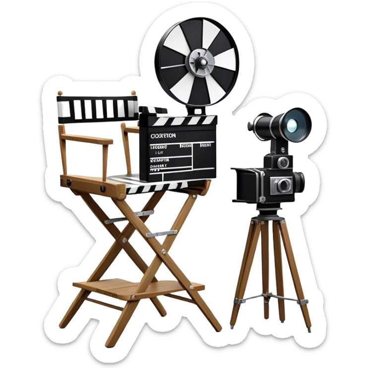 Icon for Directing: a director's chair, a film clapperboard, large movie camera and a stage with a spotlight. The icon should represent the creative and organizational aspects of directing, with focus on storytelling, staging, and performance. Transparent background. sticker