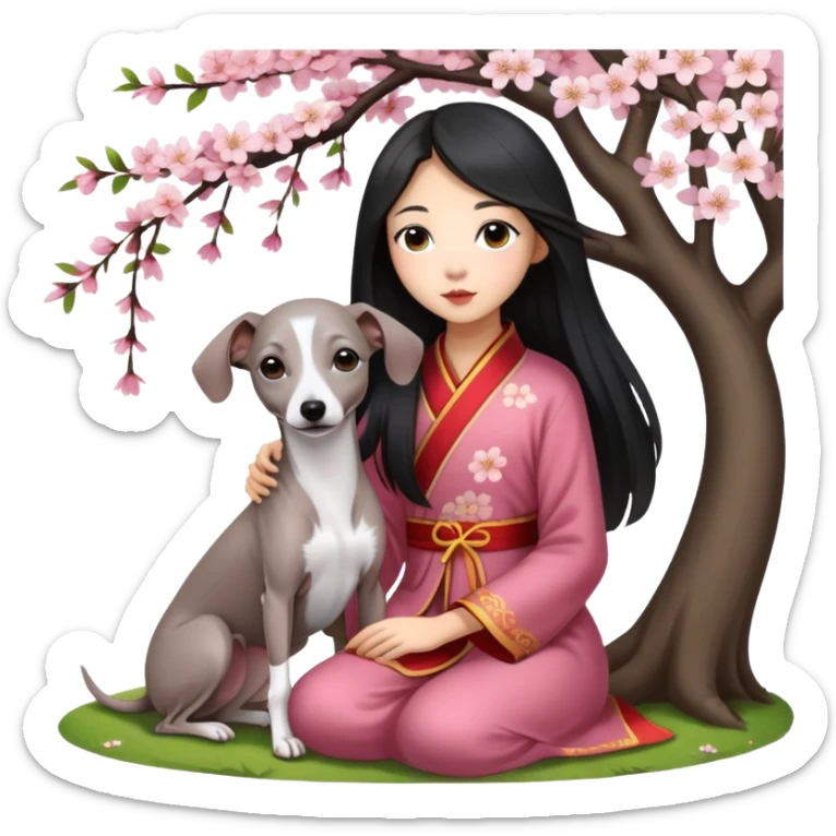 A young Chinese girl with long black hair and a dark grey Italian Greyhound with absolutely no white marks on its body or nose sitting under a cherry blossom tree sticker
