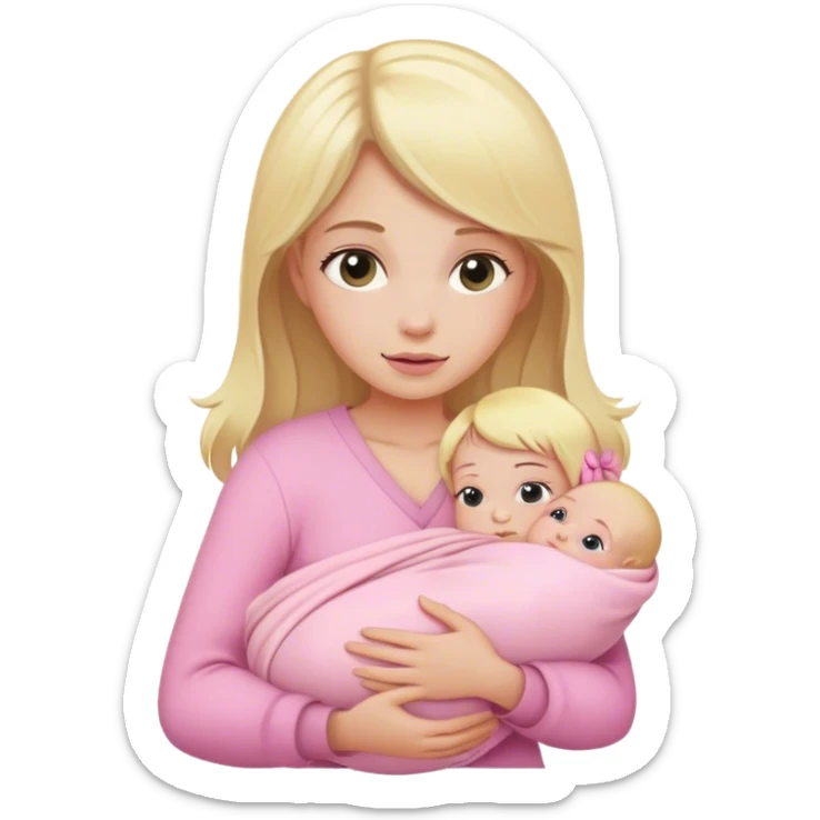 Blonde girl holding a new born baby while the baby is wrapped in pink. sticker