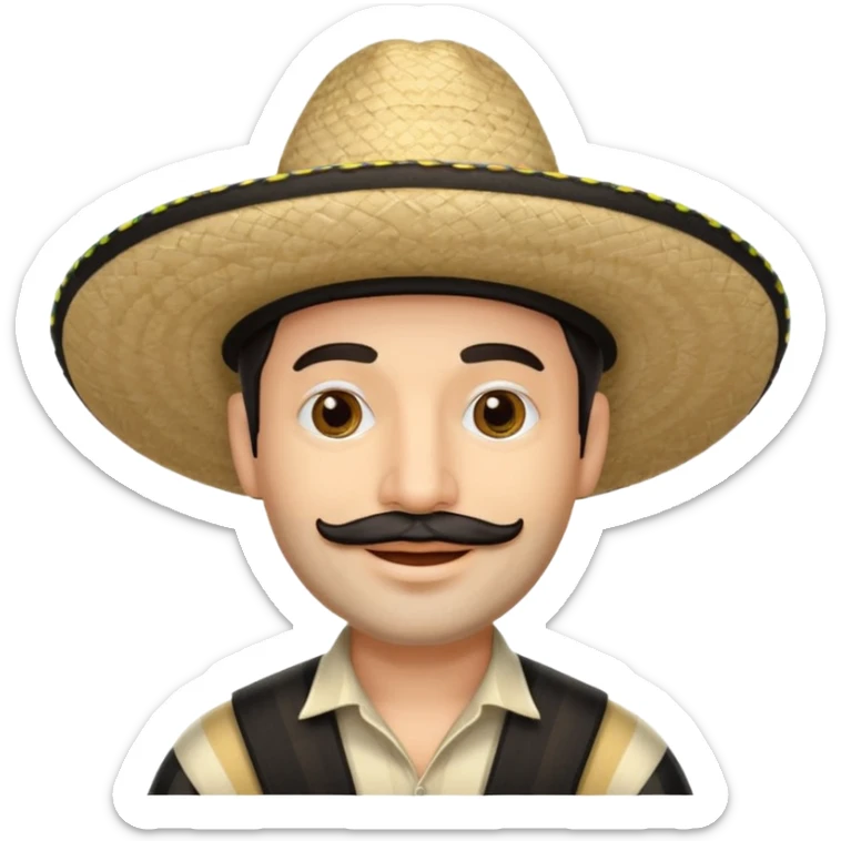 A happy fair skinned Colombian man with minimal facial hair wearing a black and beige stripped Colombian sombrero sticker