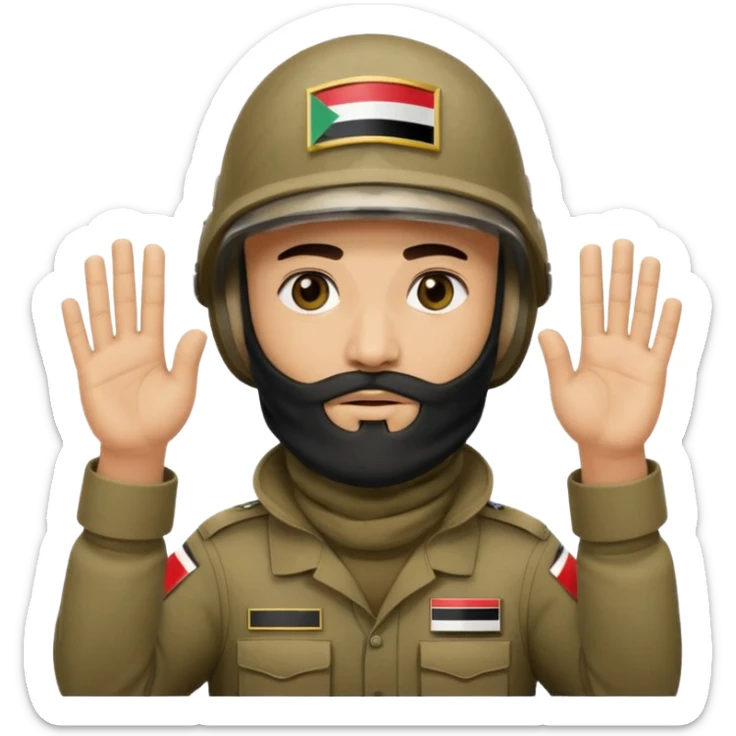 surrenders, depicts an Iraqi soldier from 1980, with a beard, in a helmet, a helmet with sign flag Iraq, with a balaclava, with sad eyes and both hands raised up sticker