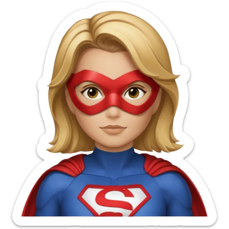 Mujer súper heroína tipo la de WhatsApp. Pelo marrón claro y mechas rubias por los hombros. Con antifaz y traje de héroe, que se vea solo hasta los hombros y logo MJ en el traje. Como la de WhatsApp  sticker
