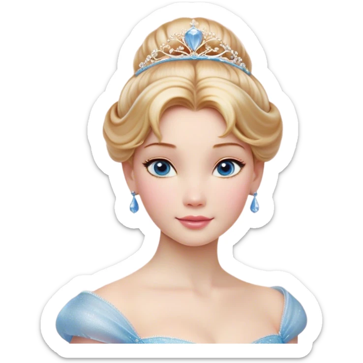 Cinematic Realistic Cinderella Portrait, depicted with lifelike skin texture, subtle rosy undertones, and soft natural lighting that enhances the gentle contours of her face. Her intricately detailed golden blonde hair is elegantly styled in an updo, with delicate wisps framing her face for added realism. Her deep, expressive blue eyes radiate warmth and sincerity, reflecting a quiet resilience and grace. She is dressed in her iconic ball gown, the fabric shimmering with intricate embroidery and fine translucent layers that catch the light beautifully. The soft sheen of satin gloves and the delicate sparkle of a glass-like slipper peeking from beneath her dress add a touch of magical realism. The portrait features an enchanting glow with a natural, luminous finish, seamlessly blending realism and fairytale charm to evoke a sense of depth, elegance, and timeless beauty. sticker