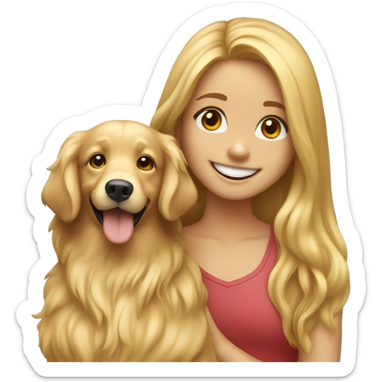 smiling girl with long hair with a golden retriever sticker